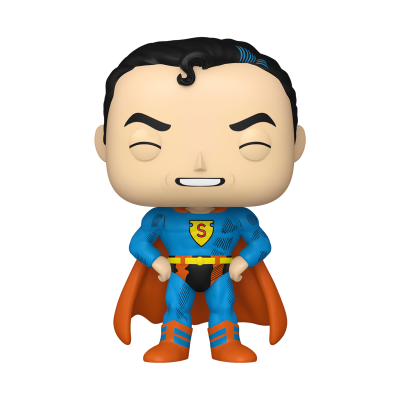 Figura Funko Pop de super-herói com capa laranja e fato azul.