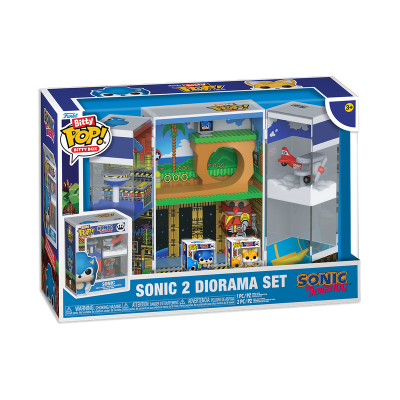 Conjunto de diorama Funko Pop! Sonic 2 com figuras e avião num cenário colorido.