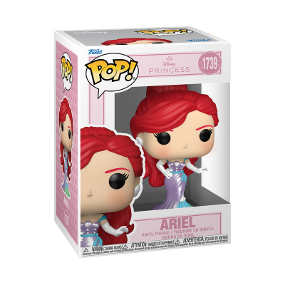 Funko Pop! de Ariel Disney Princess em caixa com cores rosa, lilás e detalhe azul