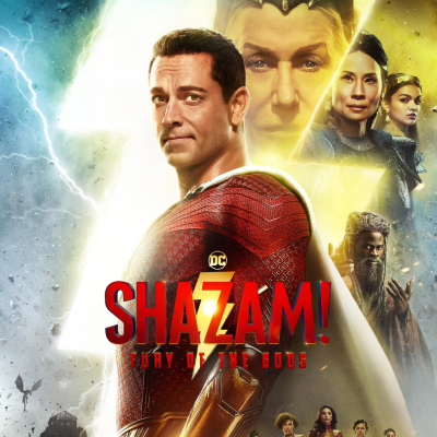 Poster do filme SHAZAM! FURY OF THE GODS com personagens em trajes coloridos sobre fundo luminoso