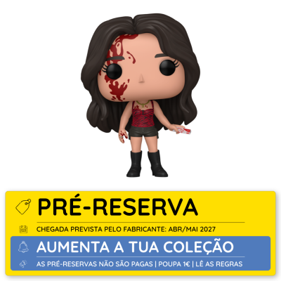 Figura de vinil Funko Pop com cabelo castanho escuro e manchas vermelhas, roupa preta e vermelha, botas pretas, em fundo branco.