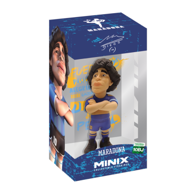 Figura colecionável de Maradona em roupa desportiva azul dentro de embalagem azul com texto
