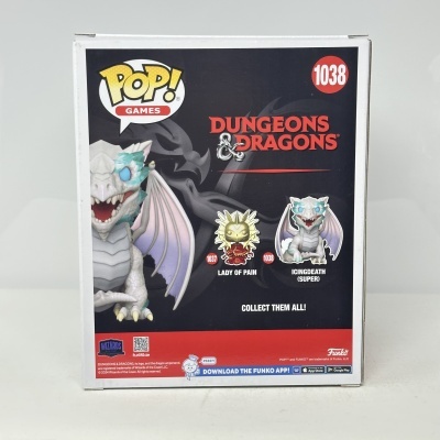 Caixa de brinquedo Pop! Games Dungeons & Dragons com figura de dragão branco e azul ICINGDEATH e outra figura LADY OF PAIN