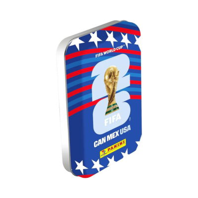 Lata azul oficial da FIFA World Cup 2026 com troféu e logótipos