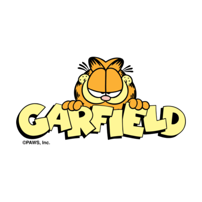 Logótipo do Garfield com personagem de gato laranja e texto amarelo.