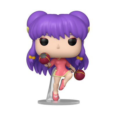 Figura Funko Pop com cabelo roxo e vestido rosa segurando bolas vermelhas.
