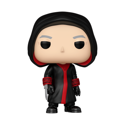 Figura Funko Pop com capa preta e vermelha e faca na mão