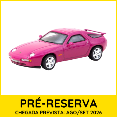 Miniatura de carro desportivo cor-de-rosa com texto de pré-reserva e chegada prevista.