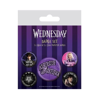 Conjunto de pins da série Wednesday com várias imagens e textos