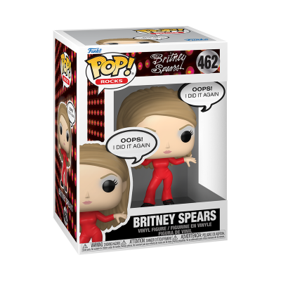 Funko Pop de Britney Spears com vestido vermelho e balão de fala com texto