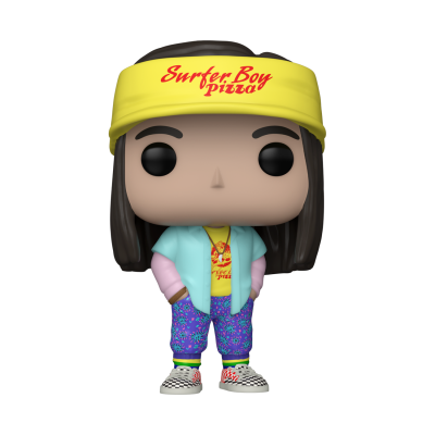 Figura colecionável Funko Pop com faixa amarela e roupa colorida