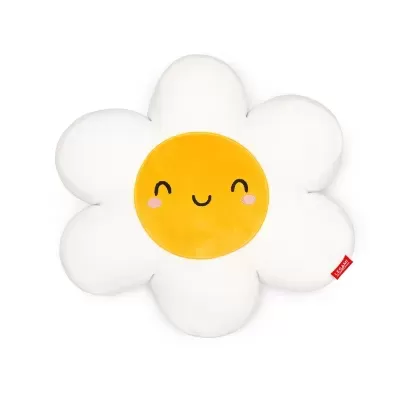 Almofada em forma de flor branca com centro amarelo feliz e etiqueta vermelha
