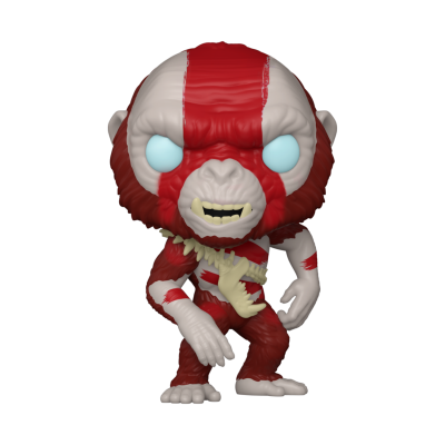 Figura Pop Funko de vinil de um macaco com pintura vermelha e branca e olhos azuis claros
