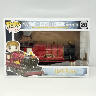 Funko Pop! locomotiva Hogwarts Express vermelha com detalhes dourados e pretos em embalagem