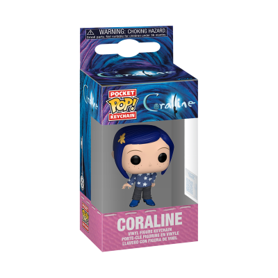 Figura chaveiro Coraline em vinil com cabelo azul e roupa azul com estrelas