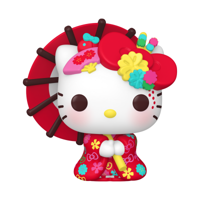 Figura decorativa de Hello Kitty com roupa tradicional japonesa e sombrinha vermelha