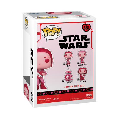 Caixa da figura Pop! de vinil Rey da coleção Star Wars com texto e cores vermelho, branco e rosa