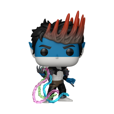 Figura colecionável Funko Pop com pele azul, chifres vermelhos e tentáculos coloridos