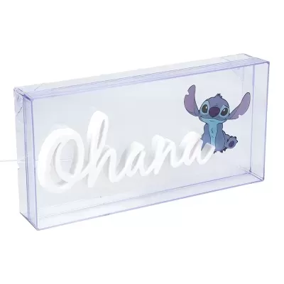 Caixa transparente com texto luminoso 'Ohana' e personagem Stitch