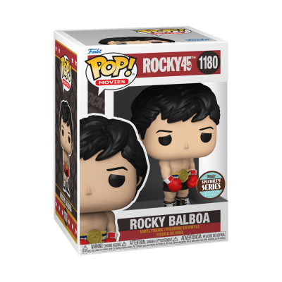 Caixa com figura Funko Pop! de Rocky Balboa com luvas de boxe e calções pretos e vermelhos