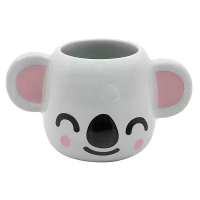 Caneca branca de cerâmica em forma de cabeça de coala com orelhas cor-de-rosa