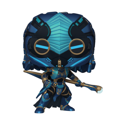 Figura colecionável Funko Pop com capacete azul e preto e armadura azul e dourada