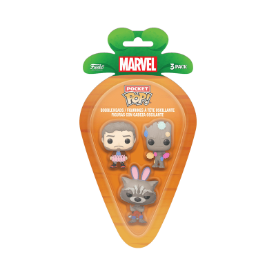 Pacote de 3 bonecos Pop! Pocket da Marvel em embalagem formato de cenoura
