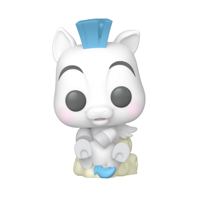 Figura Funko Pop de pégaso branco com crista azul sentada numa nuvem.