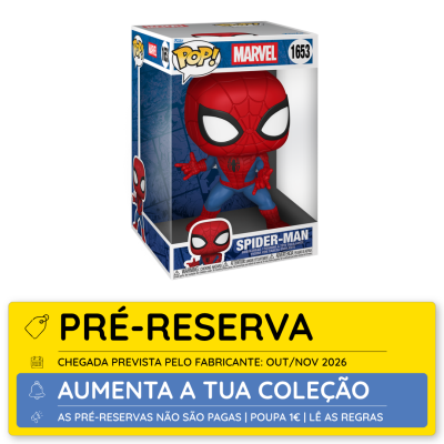 Figura Funko Pop Spider-Man na caixa com aviso de pré-reserva amarelo e azul