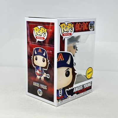 Caixa branca de figura de vinil POP! ROCKS Angus Young da série AC/DC número 91 com janela transparente