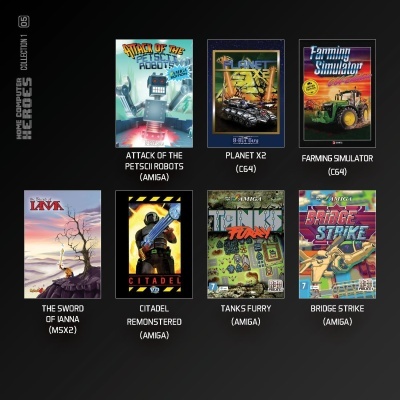 Capas de jogos retro para computadores clássicos com títulos visíveis e fundo preto