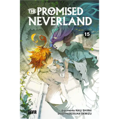 Capa do manga THE PROMISED NEVERLAND volume 15 com ilustração colorida e texto branco