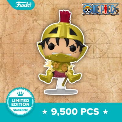 Figura Funko Pop One Piece com armadura dourada e capacete vermelho
