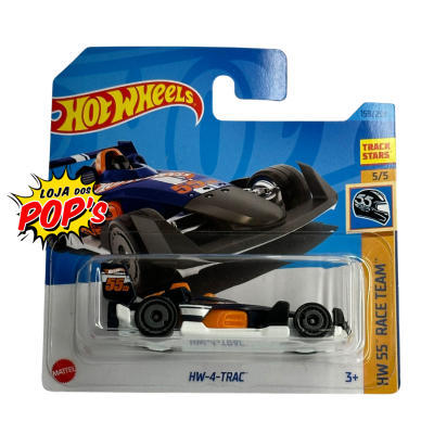 Carrinho de corrida Hot Wheels azul e preto numa embalagem