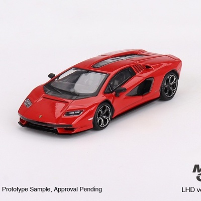 Miniatura de carro desportivo vermelho Lamborghini em fundo branco com texto e logotipos