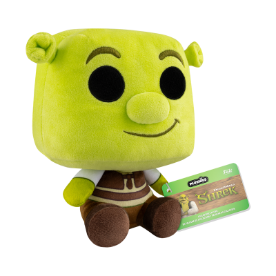 Pelúcia macia da personagem Shrek sentada com etiqueta verde e marrom