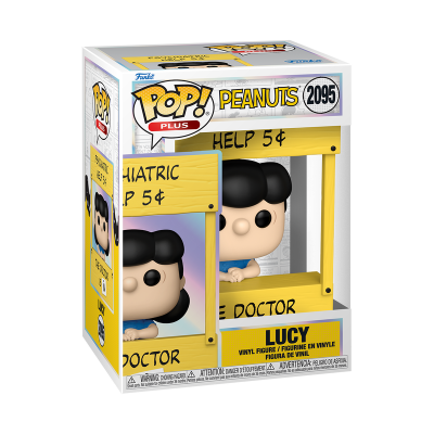 Figura de vinil Funko Pop! Plus Peanuts Lucy numa banca amarela com texto