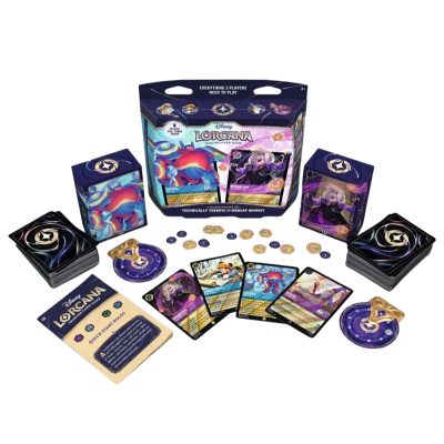 Jogo de cartas Disney Lorcana com baralhos, cartas, fichas e manual