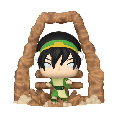 Figura Funko Pop de Toph Beifong com rochas de terra em fundo branco