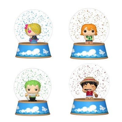 Globos de neve com personagens coloridos dentro e bases azuis com nuvens brancas