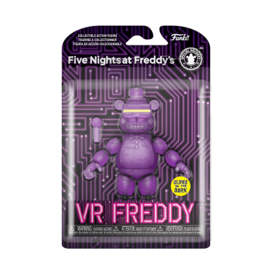 Figura colecionável Funko VR Freddy em embalagem transparente com cartão púrpura e texto em rosa