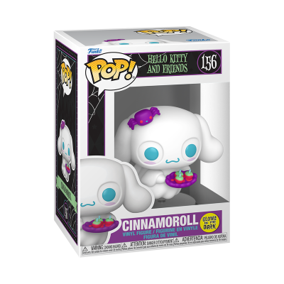 Figura Pop! Cinnamoroll branco com olhos azuis e aranha roxa na cabeça numa caixa