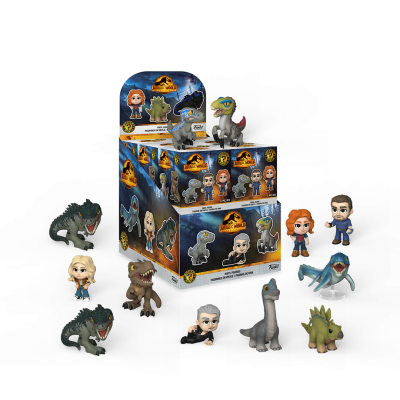 Figuras colecionáveis Jurassic World em caixa expositora com personagens e dinossauros coloridos.