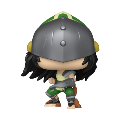 Figura Funko Pop com capacete cinzento, roupa verde e amarela e cabelos pretos longos