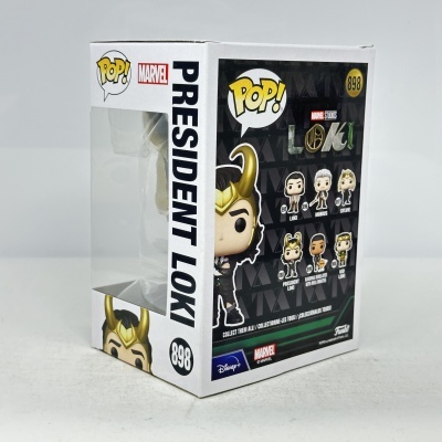 Embalagem Funko Pop President Loki com imagens e números de outros personagens Marvel