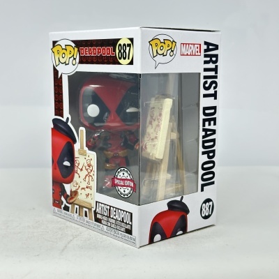 Figura colecionável POP! Marvel Deadpool Artist Deadpool número 887 em caixa com janela transparente.