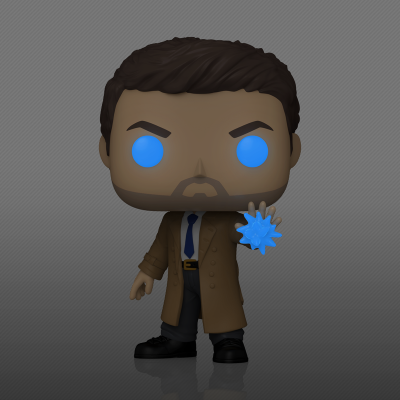 Figura Funko Pop com casaco castanho e olhos azuis brilhantes segurando esfera azul