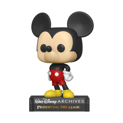 Figura colecionável do Mickey Mouse com base preta e texto da Walt Disney Archives