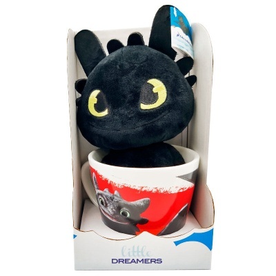 Caneca branca com dragão preto e peluche Toothless preto dentro em embalagem branca LITTLE DREAMERS