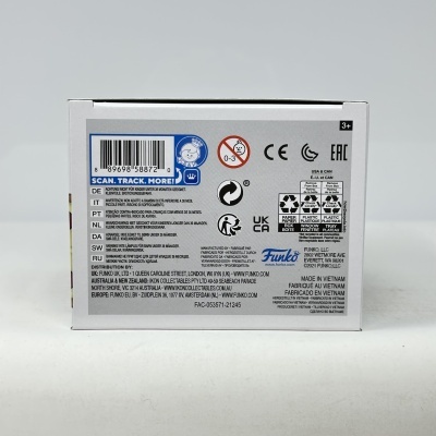 Verso de caixa de embalagem branca com texto e símbolos de segurança